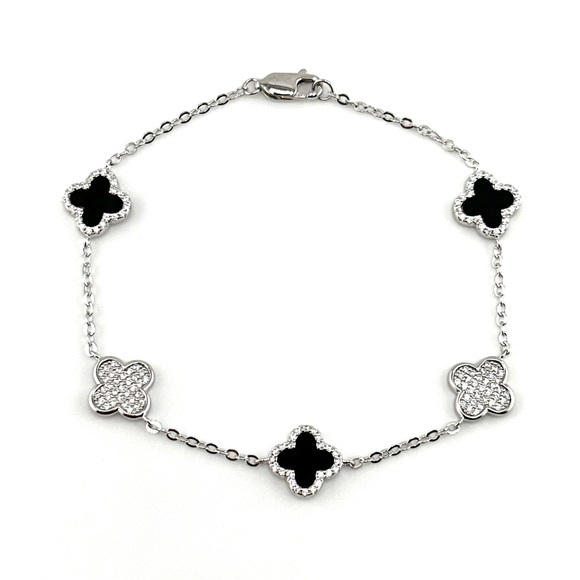 925 Solid Sterling Silver Luxury Black Onyx Clover Bracelet - Picture 3 of 8